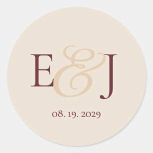 Pegatina Redonda Monograma romántico de ampersand Burgundy Boda