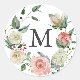Pegatina Redonda Monograma Rosa acuarela