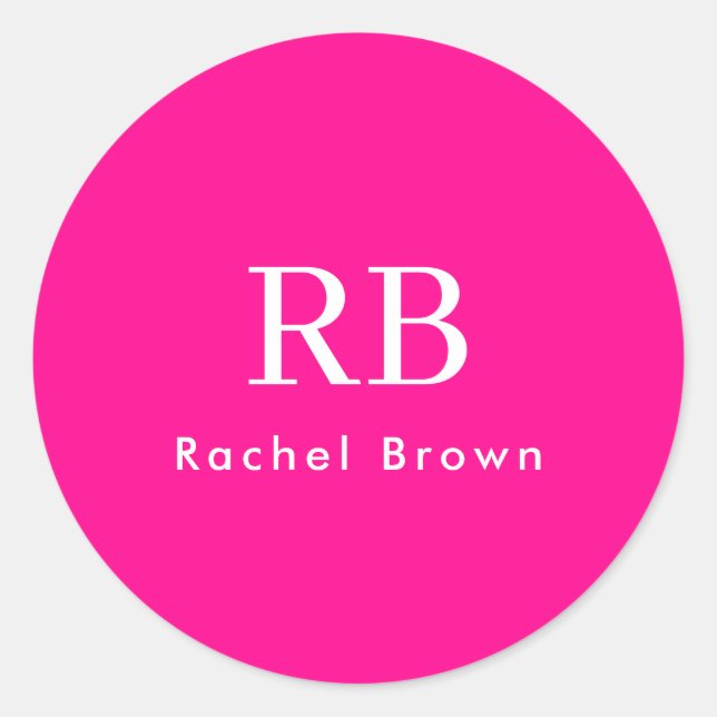 Pegatina Redonda Monograma Rosa Caliente Elegante Feminino Minimali (Anverso)