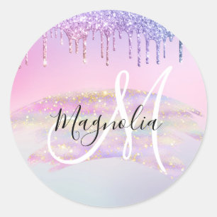 Pegatina Redonda Monograma rosa de Purpurina de unicornio con arcoi