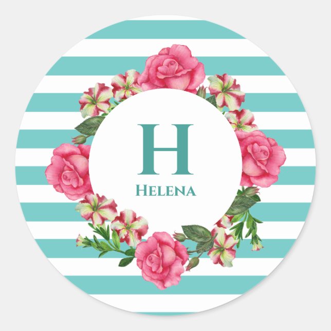 Pegatina Redonda Monograma rosa rosa rosa rosa rojo blanco Petunias (Anverso)