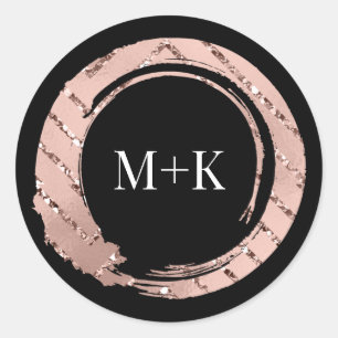 Pegatina Redonda Monograma Rosa Rubor Frame Boda de novia Negro