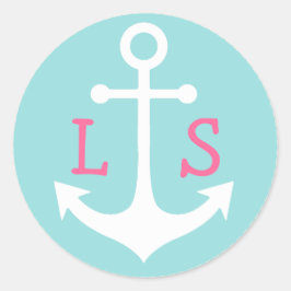 Pegatina Redonda monograma rosa sobre ancla blanca sobre azul paste