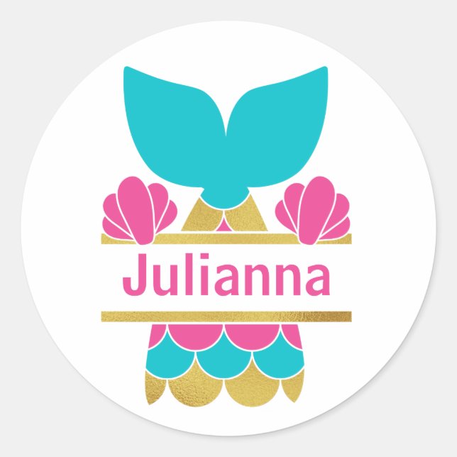 Pegatina Redonda Monograma rosa y dorado o Sirenita de nombre (Anverso)