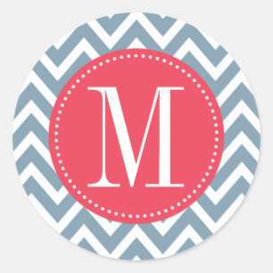 Pegatina Redonda Monograma rosado y azul del personalizado de
