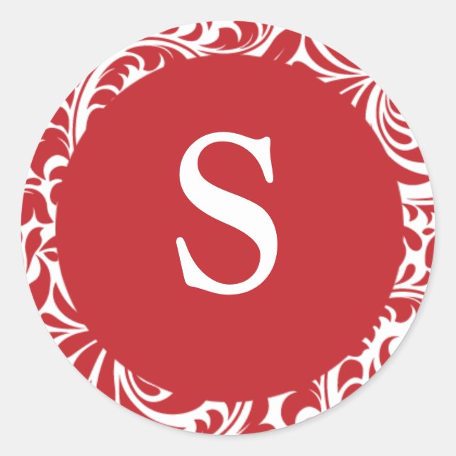 Pegatina Redonda Monograma S Boda De Personalizable Blanco Rojo Mon (Anverso)