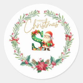 Pegatina Redonda Monograma S, Navidades Wreath con Santa Clue