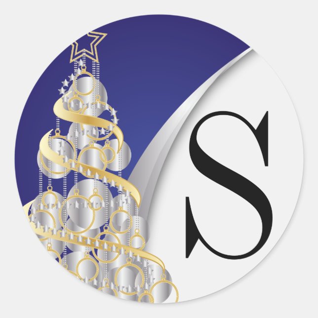 Pegatina Redonda Monograma Silver, Gold y Blue Merry Christmas (Anverso)