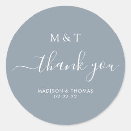 Pegatina Redonda Monograma simple Boda azul turbio