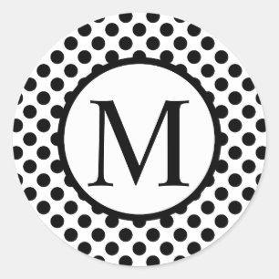 Pegatina Redonda Monograma simple con puntos de polka negro