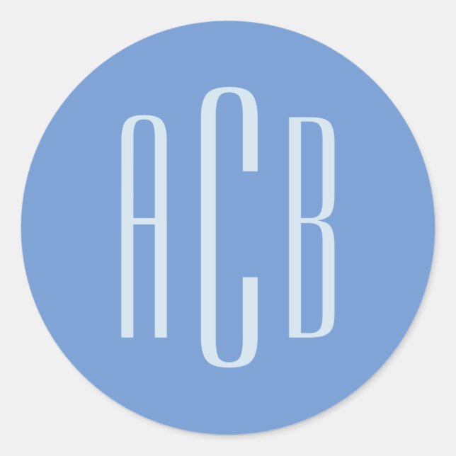 Pegatina Redonda Monograma Simple de Tres Letras Azul Aciano (Anverso)