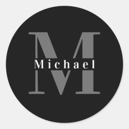 Pegatina Redonda Monograma simple y moderno mínimo en blanco y negr