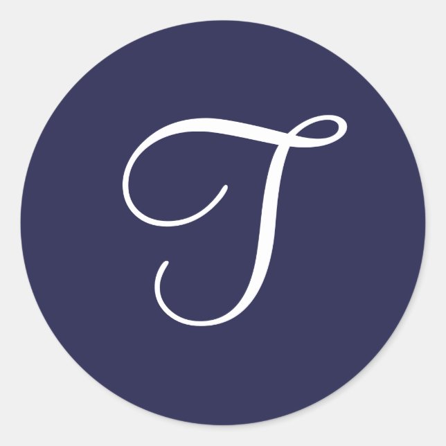 Pegatina Redonda Monograma T, blanco sobre azul marino, (Anverso)