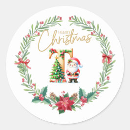 Pegatina Redonda Monograma T, Navidades Wreath con Santa Claus