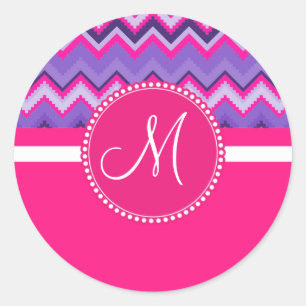 Pegatina Redonda Monograma Trípoli Rosa Morado Chevron Zig Zags