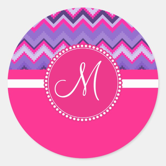 Pegatina Redonda Monograma Trípoli Rosa Morado Chevron Zig Zags (Anverso)