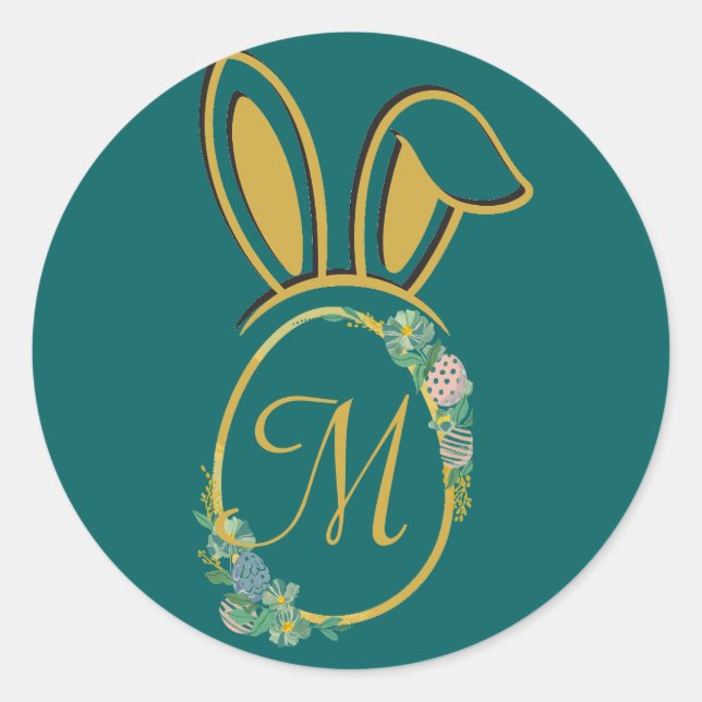 Pegatina Redonda Monograma único de conejito de Pascua (Anverso)