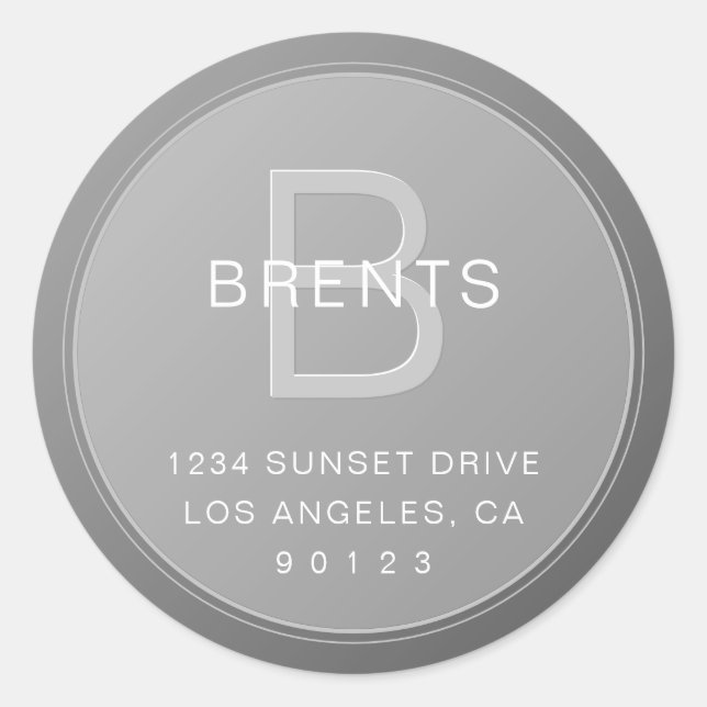 Pegatina Redonda Monograma único gris gradiente dirección de devolu (Anverso)