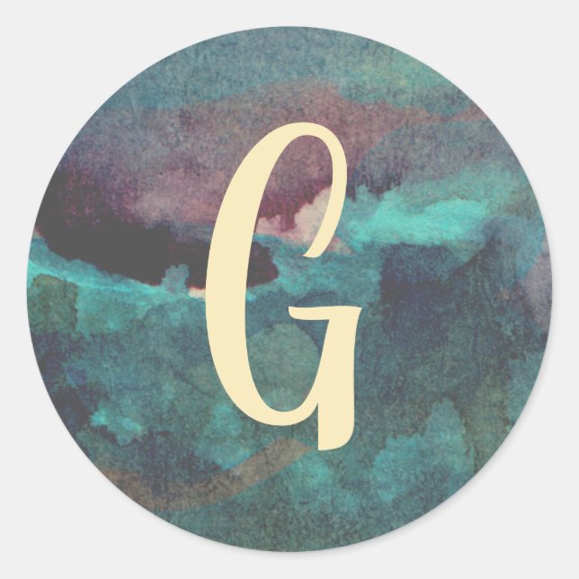 Pegatina Redonda Monograma verde azulado y marrón acuarela (Anverso)