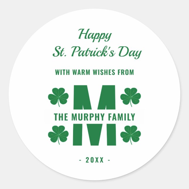 Pegatina Redonda Monograma verde blanco Nombre de familia San Patri (Anverso)