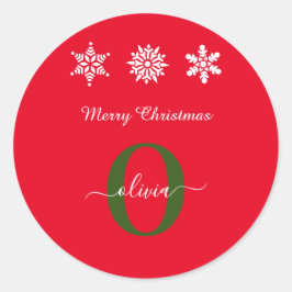 Pegatina Redonda Monograma verde blanco rojo guión Feliz Navidad