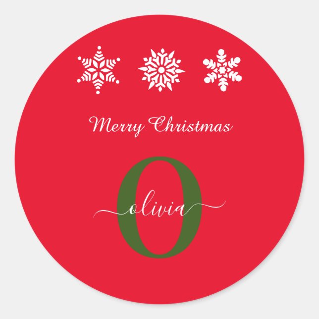 Pegatina Redonda Monograma verde blanco rojo guión Feliz Navidad (Anverso)