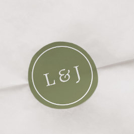 Pegatina Redonda Monograma verde oliva y Boda blanco