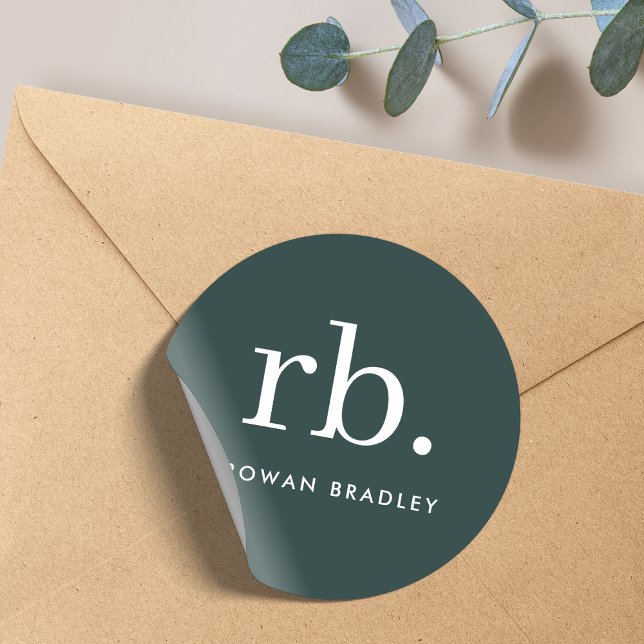 Pegatina Redonda Monograma Verde oscuro Minimalista moderno (Subido por el creador)