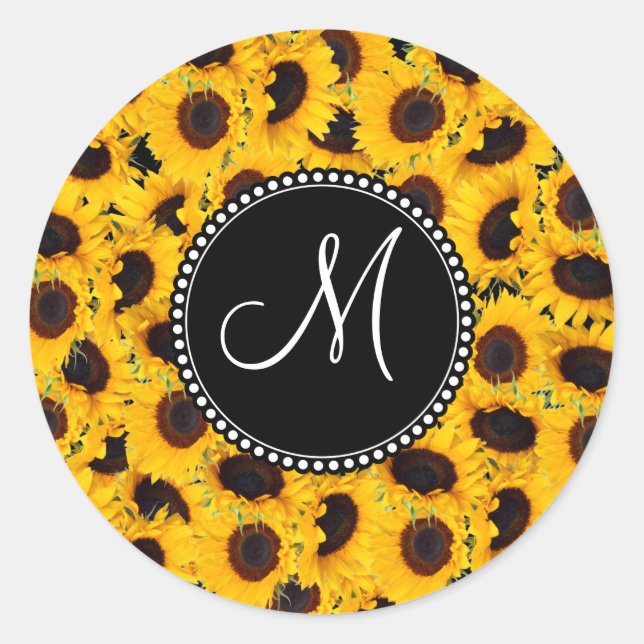 Pegatina Redonda Monograma vibrante Hermoso Sunflowers Floral (Anverso)