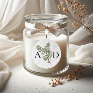 Pegatina Redonda Monograma Whimsical Green and Gold Pine Boda