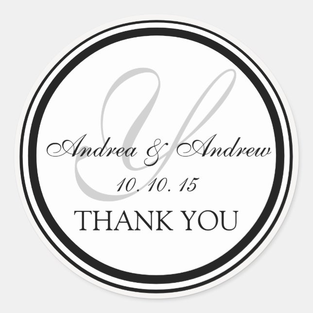 Pegatina Redonda Monograma Y Boda Gris Blanco Negro Gracias (Anverso)