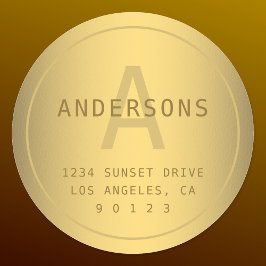 Pegatina Redonda Monograma y dirección de retorno de falso dorado