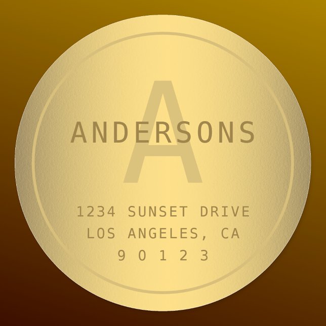 Pegatina Redonda Monograma y dirección de retorno de falso dorado (Subido por el creador)