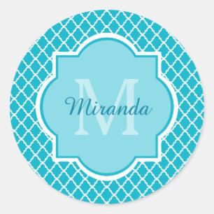 Pegatina Redonda Monograma y nombre del Cuatrefoil Azul Turquesa