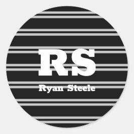 Pegatina Redonda Monograma y nombre en blanco negrita, líneas gris 