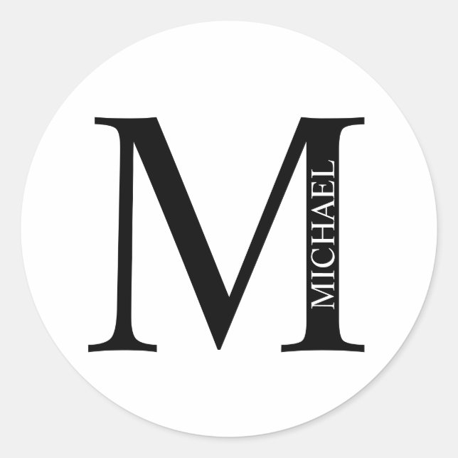 Pegatina Redonda Monograma y nombre personalizados clásicos en palo (Anverso)