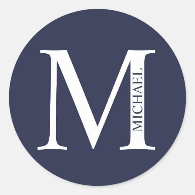 Pegatina Redonda Monograma y nombre personalizados del azul marino (Anverso)