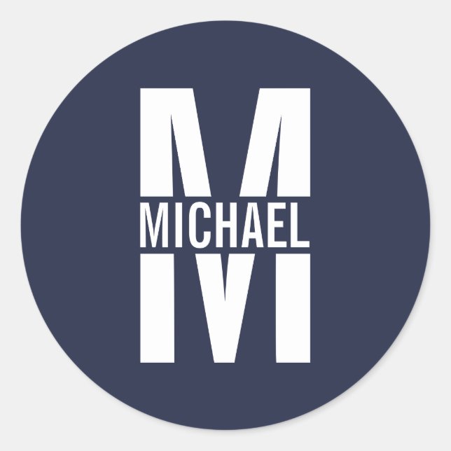 Pegatina Redonda Monograma y nombre personalizados del azul marino (Anverso)