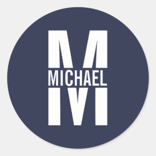 Pegatina Redonda Monograma y nombre personalizados del azul marino