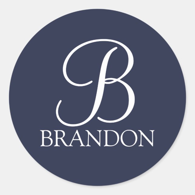 Pegatina Redonda Monograma y nombre personalizados en azul marino c (Anverso)