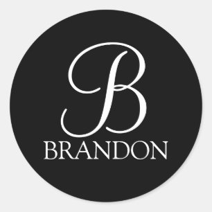 Pegatina Redonda Monograma y nombre personalizados en escritura neg