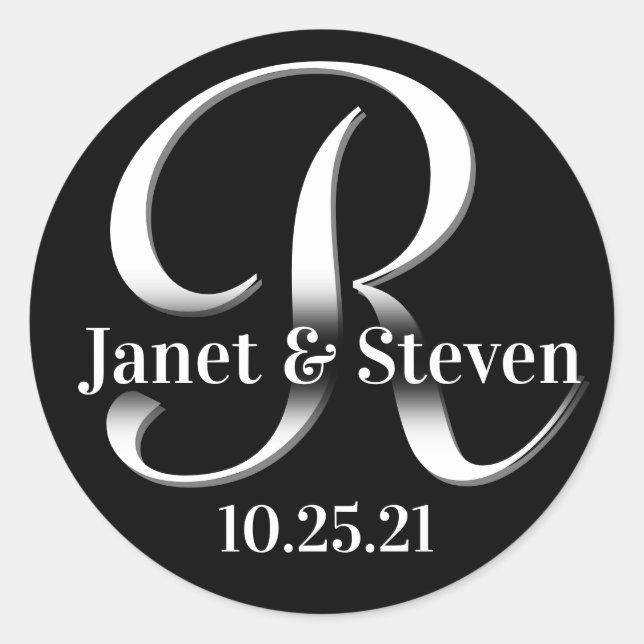 Pegatina Redonda Monograma y nombres Negro y Blanco (Anverso)