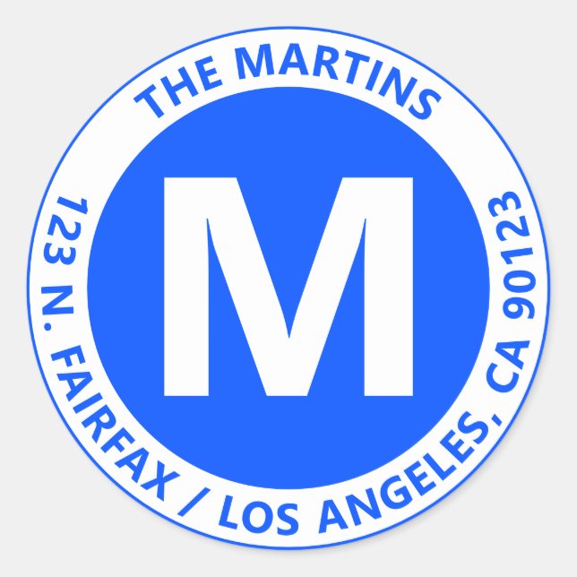 Pegatina Redonda Monograma y texto azul y blanco muy negrita (Anverso)