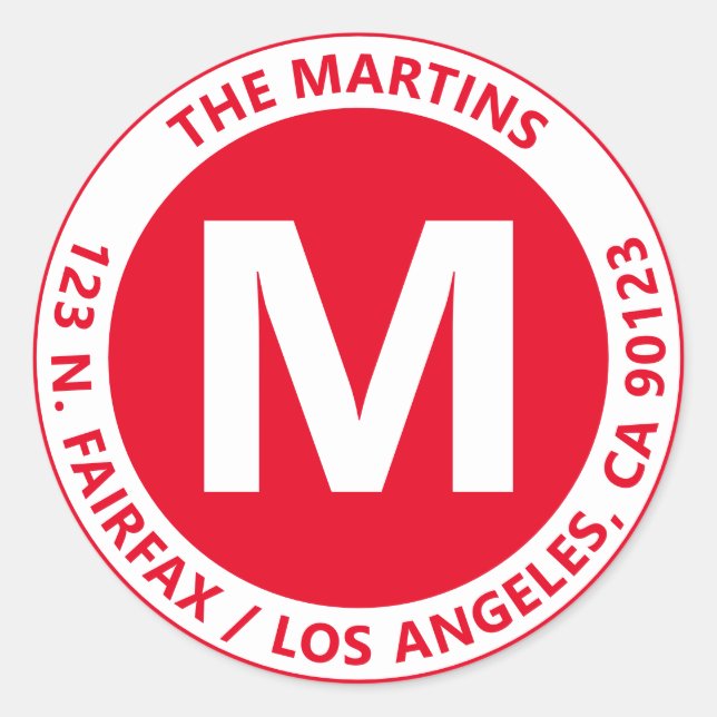 Pegatina Redonda Monograma y texto rojo y blanco muy negrita (Anverso)