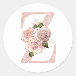 Pegatina Redonda Monograma Z floral con brillo en rosa dorado pálid