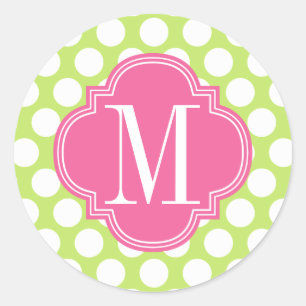 Pegatina Redonda Monogramación de puntos de polka grande verde y ro