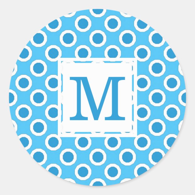 Pegatina Redonda Monogramado de puntos grandes blancos azules moder (Anverso)