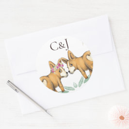 Pegatina Redonda Monogramado Dos Corgi Dogs Boda