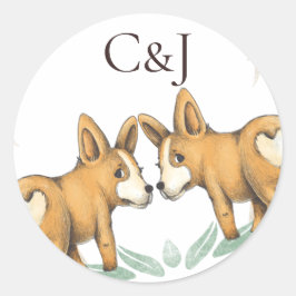 Pegatina Redonda Monogramado Dos Grooms Corgi Dogs Boda