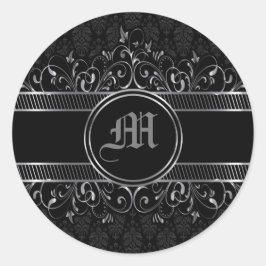 Pegatina Redonda Monogramado gótico negro y plateado